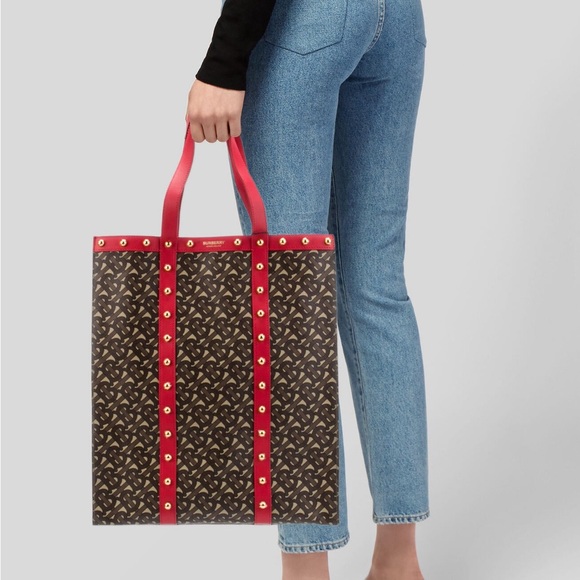NEW Burberry Red Brown Studded Book Tote Bag - Picture 9 of 9